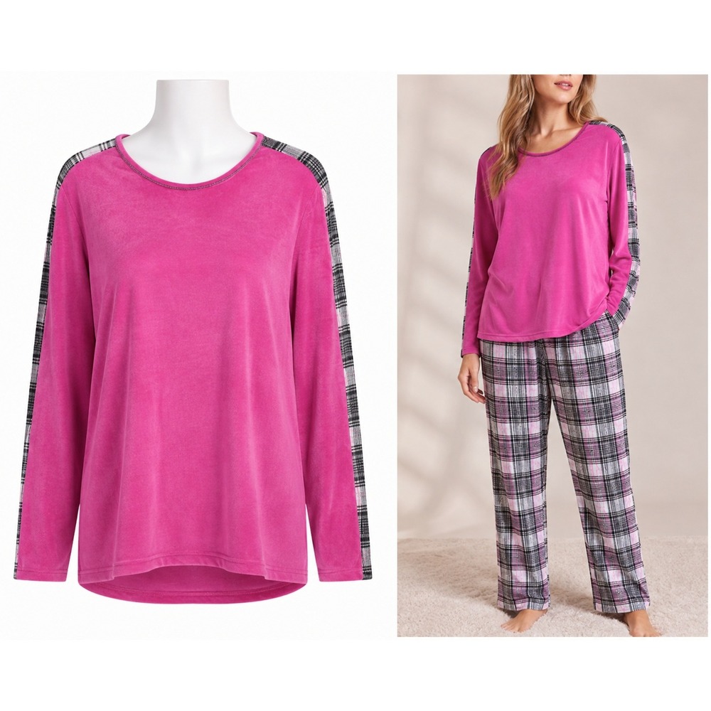 Cuddl Duds Pajama Set Womens L Pink Plaid Velour Long Sleeve Top 2 Piece Lounge